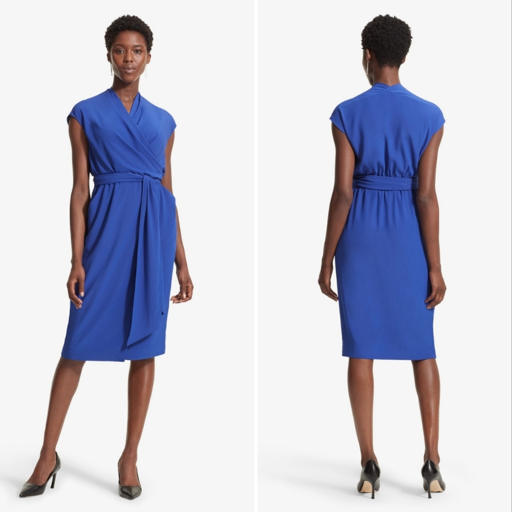 NWT M.M Lafleur Hailey Soft Wave Midi Dress in Klein Blue Small Faux Wrap Career